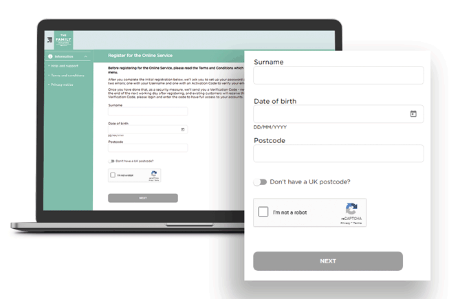 This screen shows Surname, DOB and Postcode fields which need to be confirmed