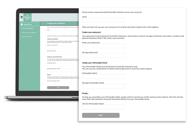On this screen create a new password and memorable word